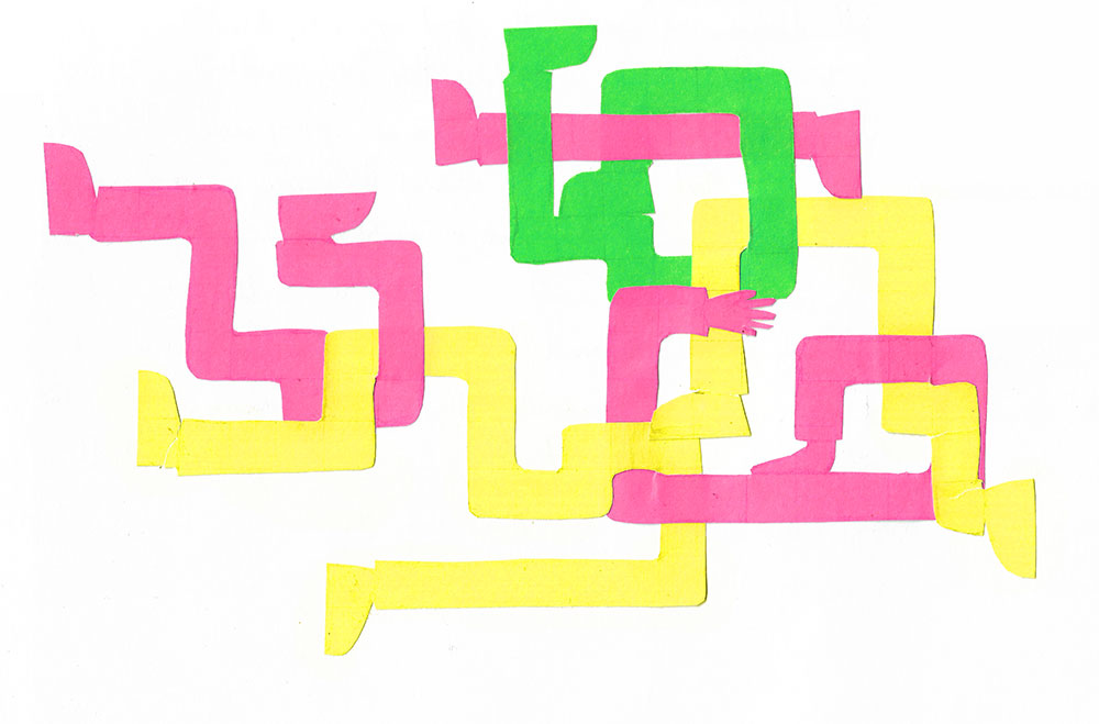 green, magenta and yellow limb-shapes interlocking over white background