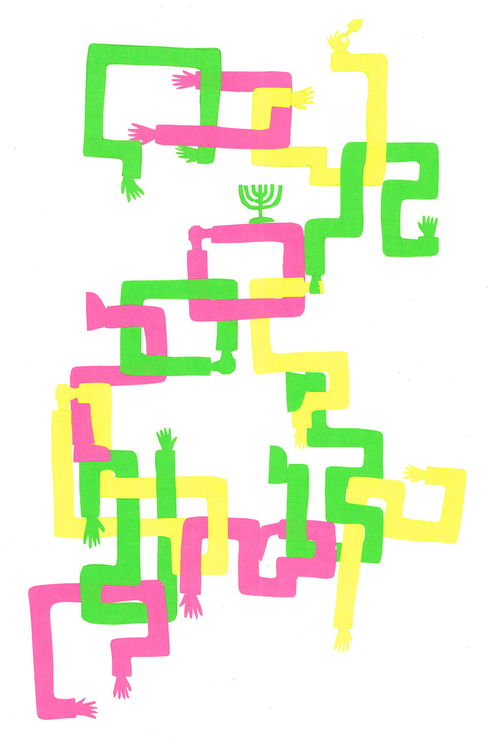 green, magenta and yellow limb-shapes interlocking over white background with a Hanukkah menorah resting on an arm and one hand holding a dreidel.