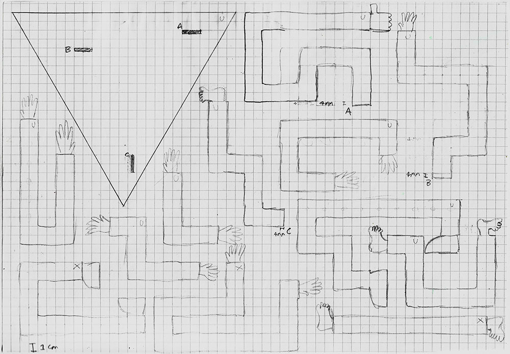 a sketch of different limb-shapes and a triangle on squared-paper.