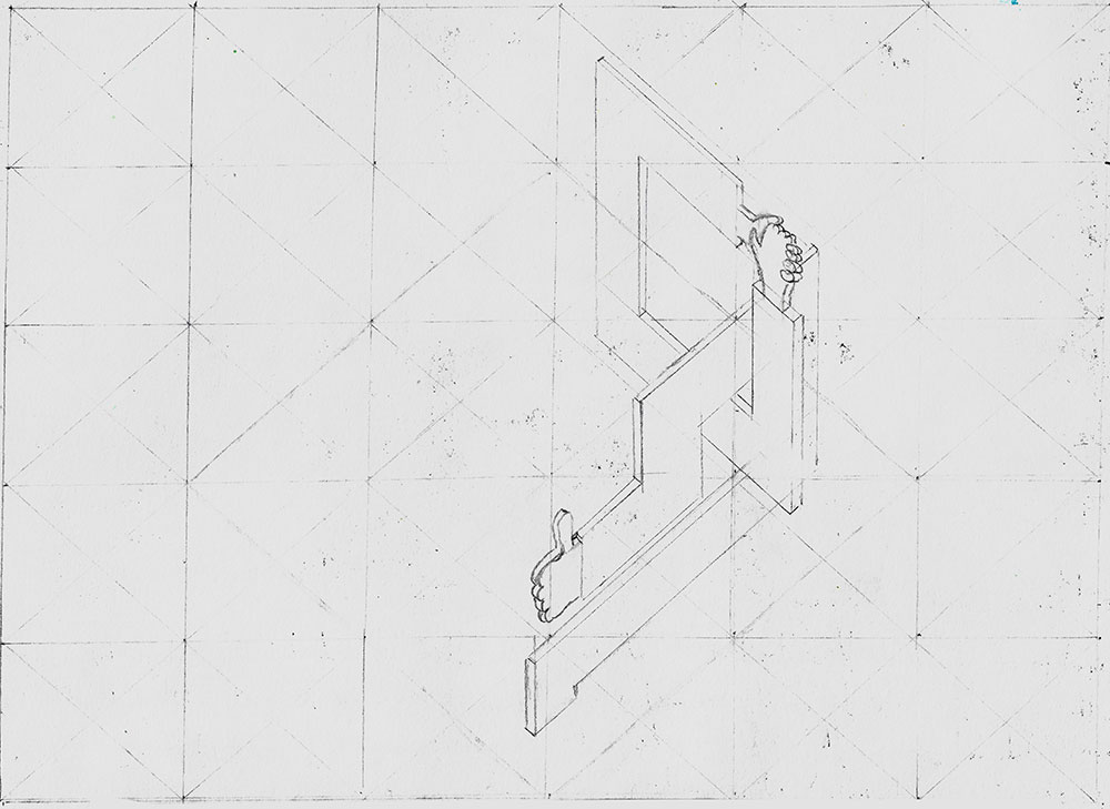 pencil on paper. Two limb-shapes drawn interlocking over an isometric grid.