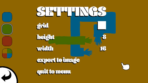 A settings menu with a grid option, the ability to change the width and height, export image or quit to menu.